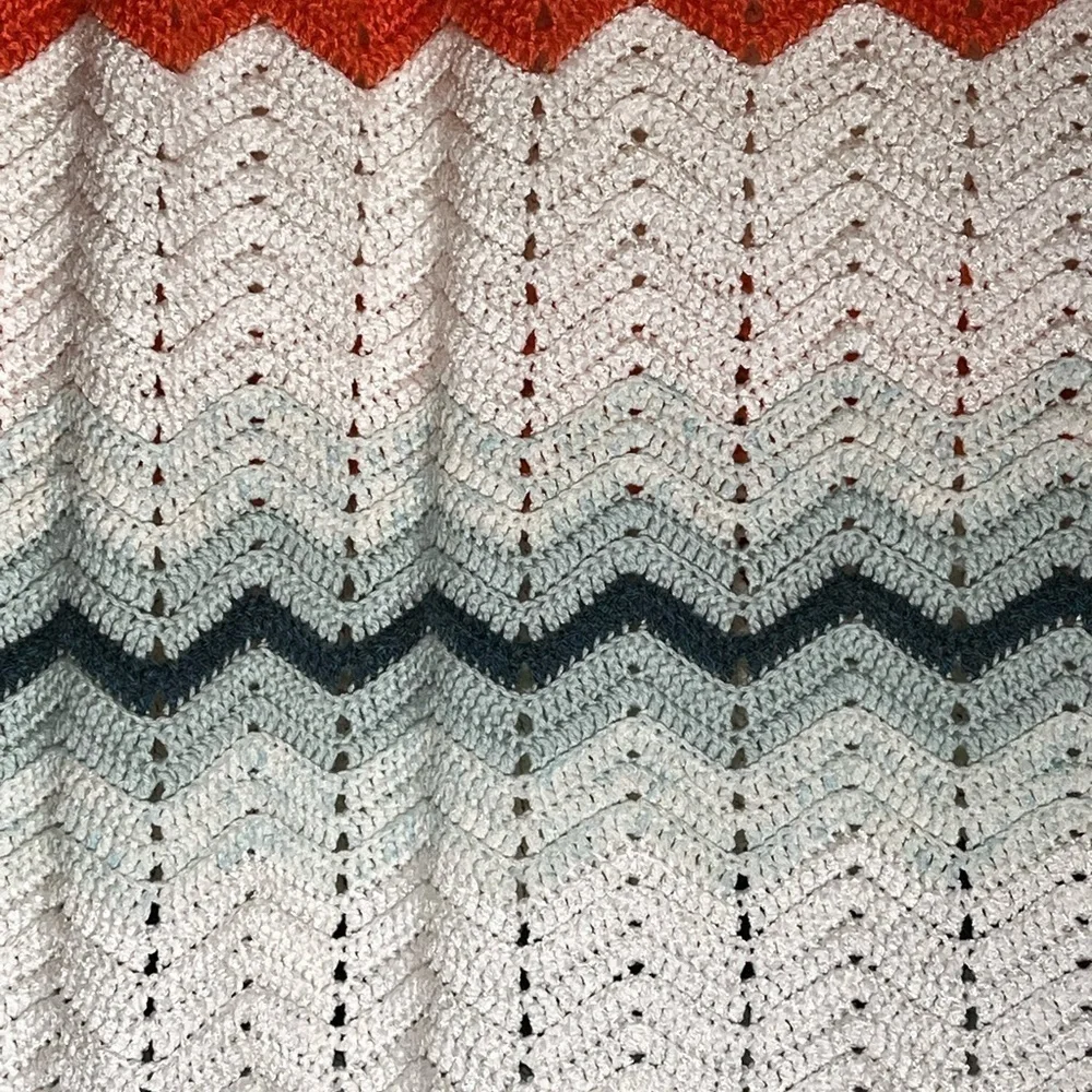 Handmade Chevron crocheted blanket throw mixed yarns 88” X 44”